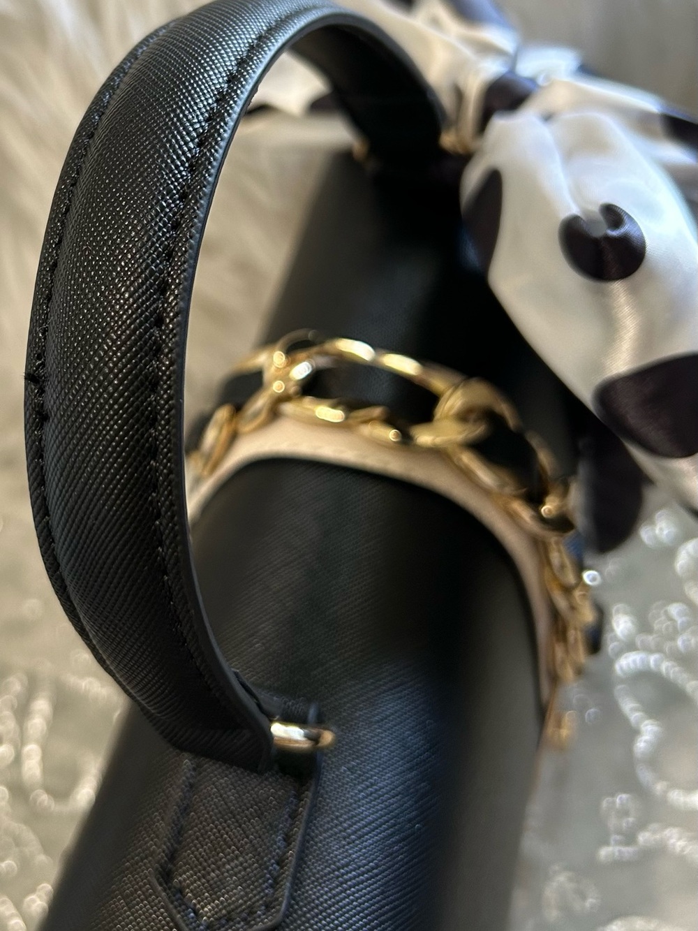 NWT Aldo, Medium, Black and Cream Top-Handle Satchel with Gold Chain Accent - Picture 7 of 13